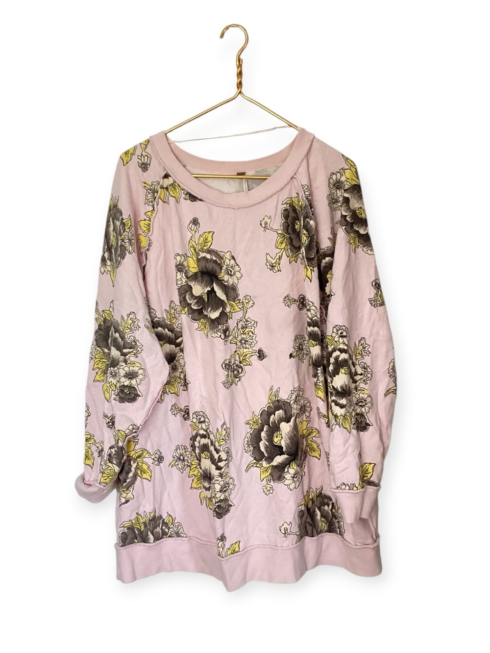 Free People Pink Yellow Floral Print Oversized Boho Sweater Womens L